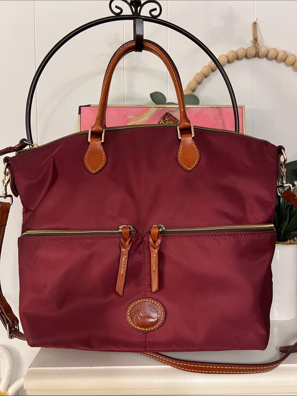 Dooney & Bourke Burgundy Nylon Tote with Brown Leather Trim